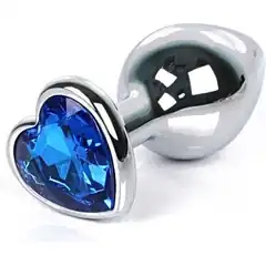  Серебристая анальная пробка с синим кристаллом-сердцем размера L 9,5 см 