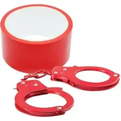 Набор для фиксации BONDX METAL CUFFS AND RIBBON: красные наручники из листового материала и липкая лента 
