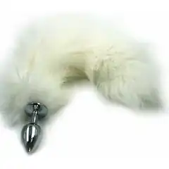  Серебристая алюминиевая анальная пробка с белым хвостом из натурального меха 