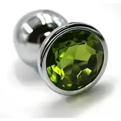  Серебристая алюминиевая анальная пробка с светло-зеленым кристаллом 6 см 