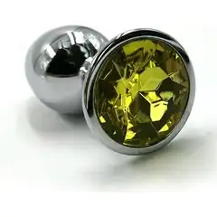  Серебристая алюминиевая анальная пробка с желтым кристаллом 7 см 
