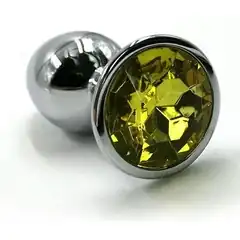  Серебристая алюминиевая анальная пробка с желтым кристаллом 6 см 