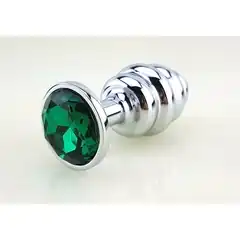  Серебристая фигурная анальная пробка с зеленым стразом 8 см 