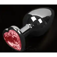  Серая анальная пробка с красным кристаллом в виде сердечка 8,5 см 
