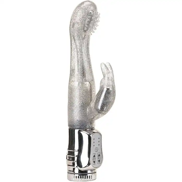 Вибратор с блёстками и клиторальным стимулятором WATERPROOF ROTATING G-SPOT RABBIT - 17,5 см. Фотография 2.
