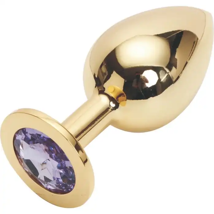 Золотистая анальная пробка GOLDEN PLUG Large со светло-сиреневым кристаллом - 9,5 см