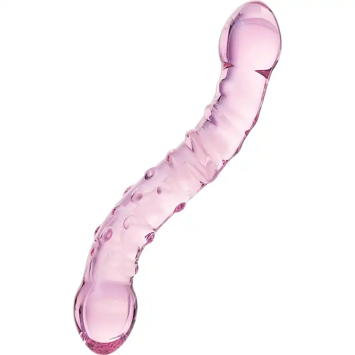Двусторонний розовый фаллос с рёбрами и точками - 20,5 см - Sexus Glass. Фотография 3.