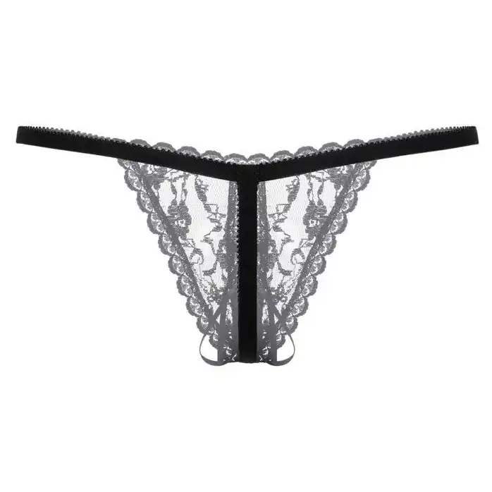 Черные ажурные трусики с вырезом и завязочкой - Pants Thongs. Фотография 6.