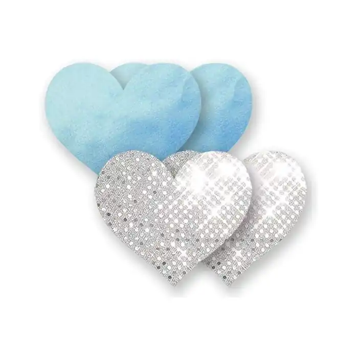 Комплект из 1 пары голубых пэстис-сердечек и 1 пары серебристых пэстис-сердечек с блёстками