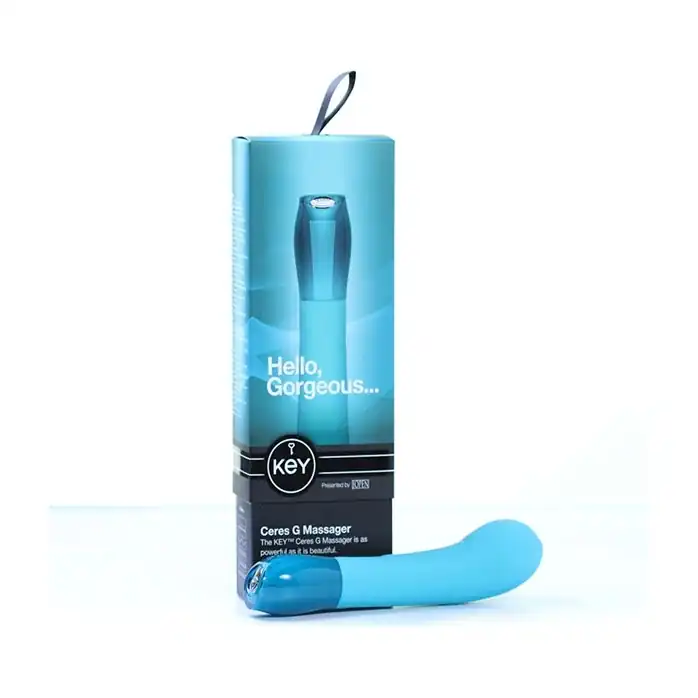 Голубой вибромассажер с изогнутой головкой Ceres G Spot - Key. Фотография 2.