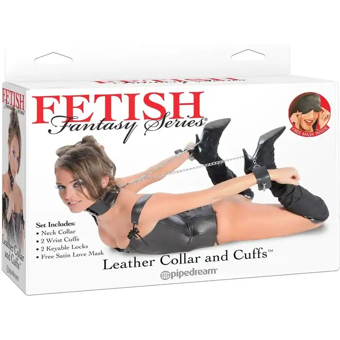 Ошейник и наручники, соединенные цепью, Leather Collar and Cuffs - Fetish Fantasy Series. Фотография 4.