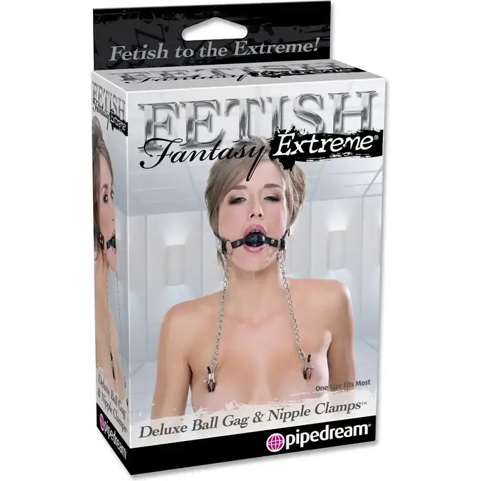 Кляп, соединенный цепью с зажимами для груди Deluxe Ball Gag Nipple Clamps - Fetish Fantasy Extreme. Фотография 2.