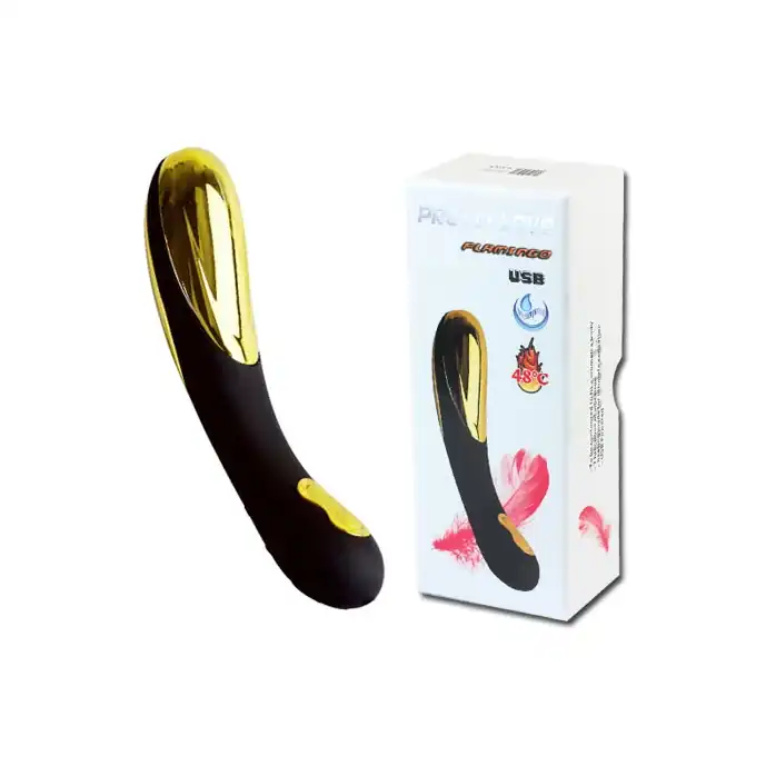 Чёрно-золотистый вибромассажер Flamingo с функцией нагрева, работающий от USB - 18 см - Pretty Love