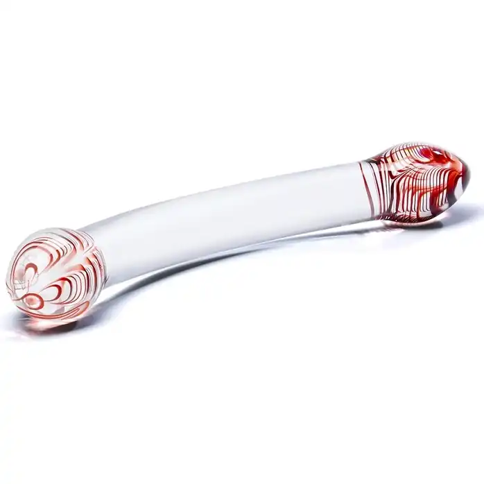 Изогнутый двусторонний фаллос из стекла Red Head - 22 см. Фотография 2.