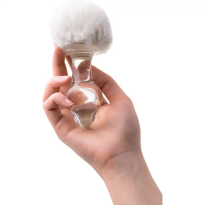Стеклянная анальная втулка с белым хвостиком - 14 см - Sexus Glass. Фотография 3.