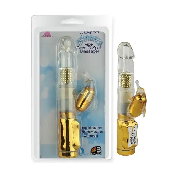 Золотистый вибратор-ротатор с отростком Dolphin Vibe Gold