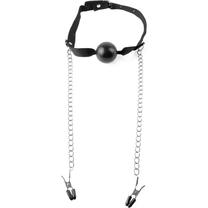 Черный кляп Ball Gag Nipple Clamps с зажимами на соски - Fetish Fantasy Series. Фотография 4.