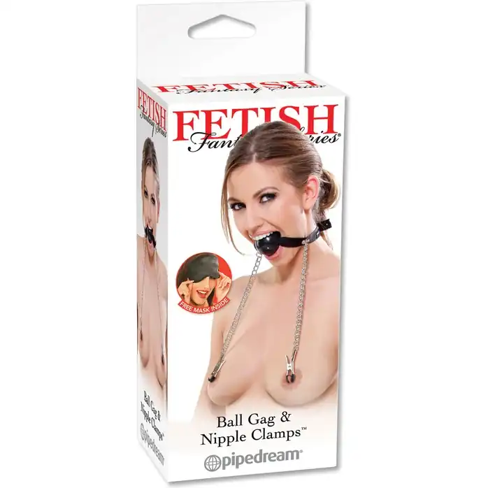 Черный кляп Ball Gag Nipple Clamps с зажимами на соски - Fetish Fantasy Series. Фотография 5.