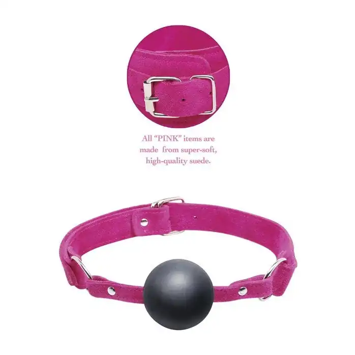 Черный кляп-шар на розовых замшевых ремешках Ball Gag - Fetish Fantasy Series. Фотография 2.