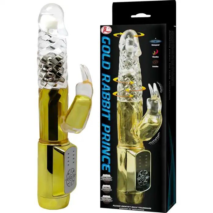 Золотистый вибратор Gold Rabbit Prince с ротацией - 21,5 см. Фотография 6.