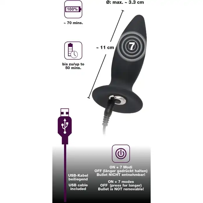 Чёрная перезаряжаемая анальная пробка Black Velvets Recharge Plug S - 11 см - You2Toys. Фотография 5.
