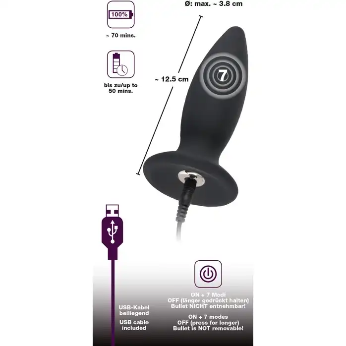 Чёрная перезаряжаемая анальная пробка Black Velvets Recharge Plug M - 12,5 см - You2Toys. Фотография 5.