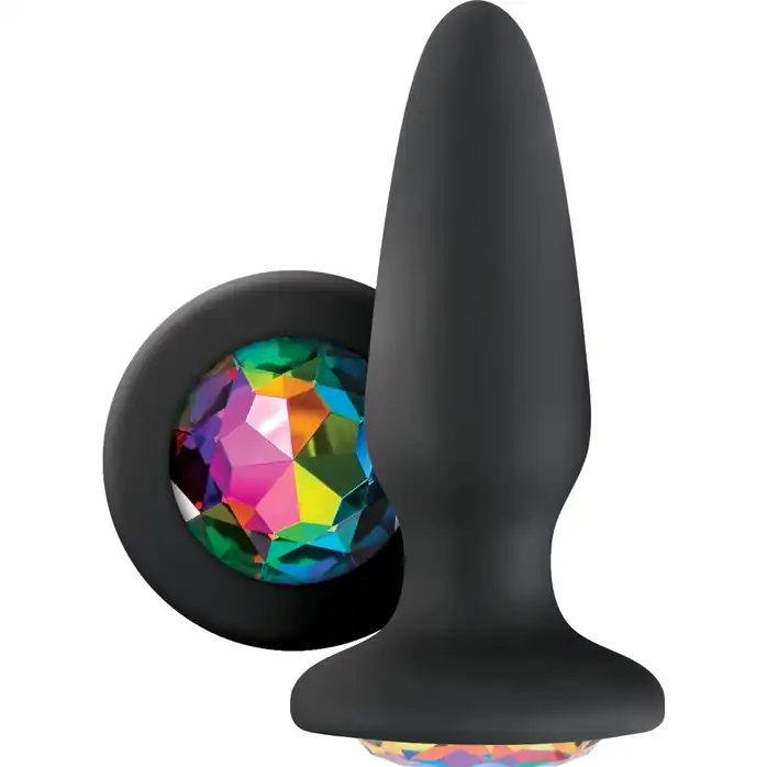Черная силиконовая анальная пробка с радужным кристаллом Rainbow Gem - 10,4 см - Glams