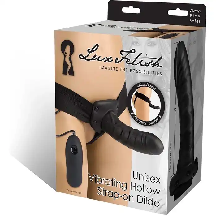 Чёрный полый страпон с вибрацией Unisex Vibrating Hollow Strap-On - 14 см. Фотография 2.