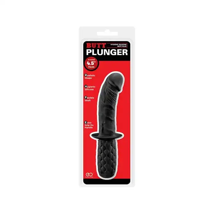 Черный изогнутый анальный фаллоимитатор BUTT PLUNGER с ручкой-ограничителем. Фотография 2.