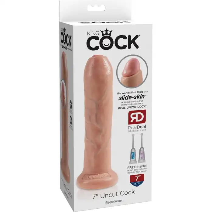 Телесный необрезанный фаллоимитатор на присоске 7 Uncut Cock - 19,1 см. - King Cock. Фотография 4.