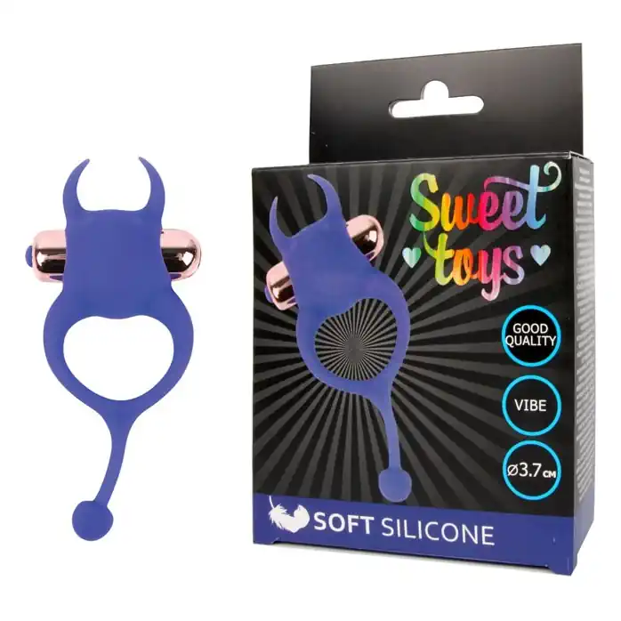 Синее эрекционное виброкольцо с рожками и хвостиком - SWEET TOYS. Фотография 2.