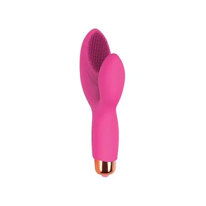Розовый силиконовый вибромассажер с округлым клиторальным отростком - SWEET TOYS