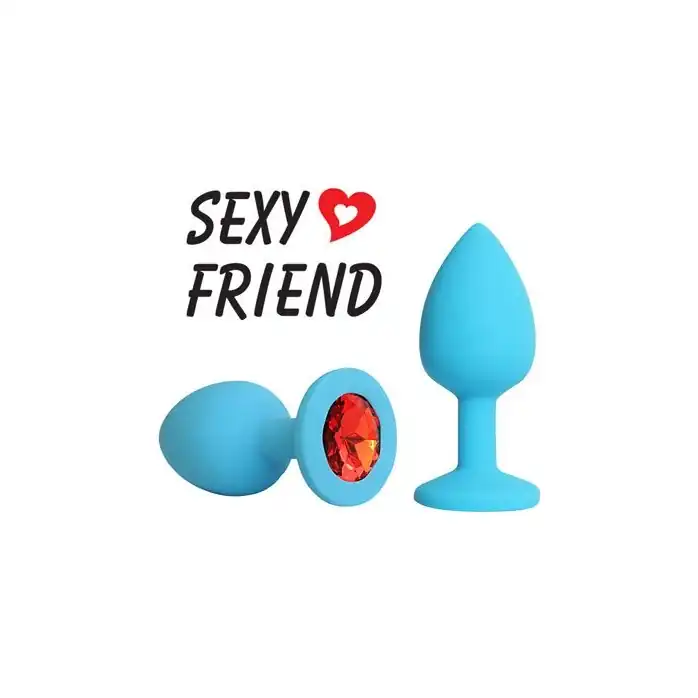 Голубая конусовидная анальная пробка с красным кристаллом - 7,3 см - SEXY FRIEND