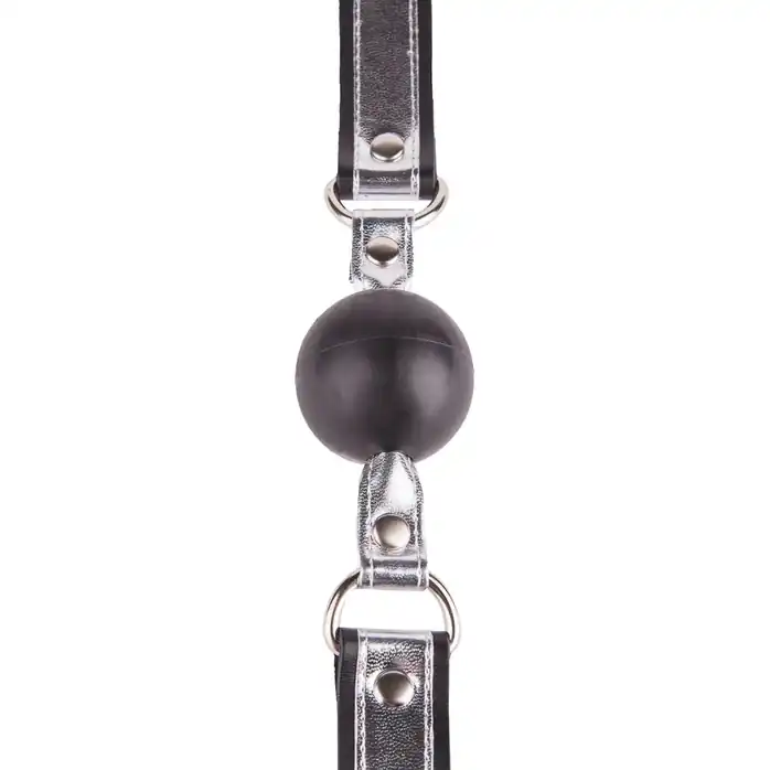 Кляп-шарик на серебристо-черных ремешках - BDSM accessories. Фотография 3.