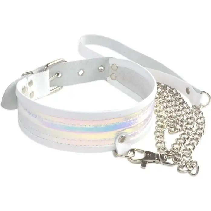 Белый ошейник с поводком и перламутровыми вставками - BDSM accessories