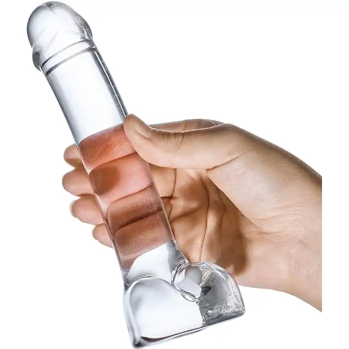 Прозрачный стеклянный фаллос с мошонкой Curved G-Spot - 18 см. Фотография 3.