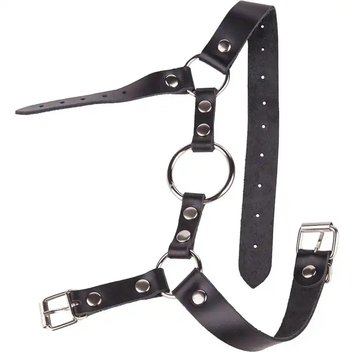 Кляп-кольцо на чёрных кожаных ремешках с застёжкой - BDSM accessories. Фотография 3.