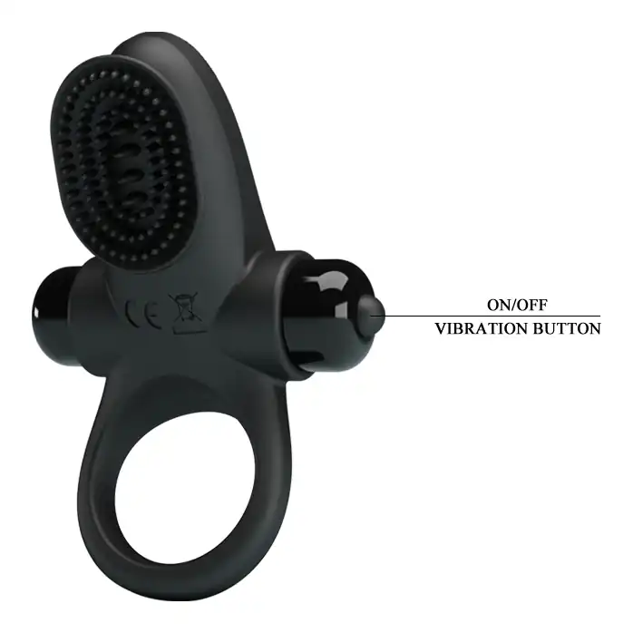 Черное эрекционное виброкольцо в клиторальной щеточкой Vibrant Penis Ring II - Pretty Love. Фотография 6.