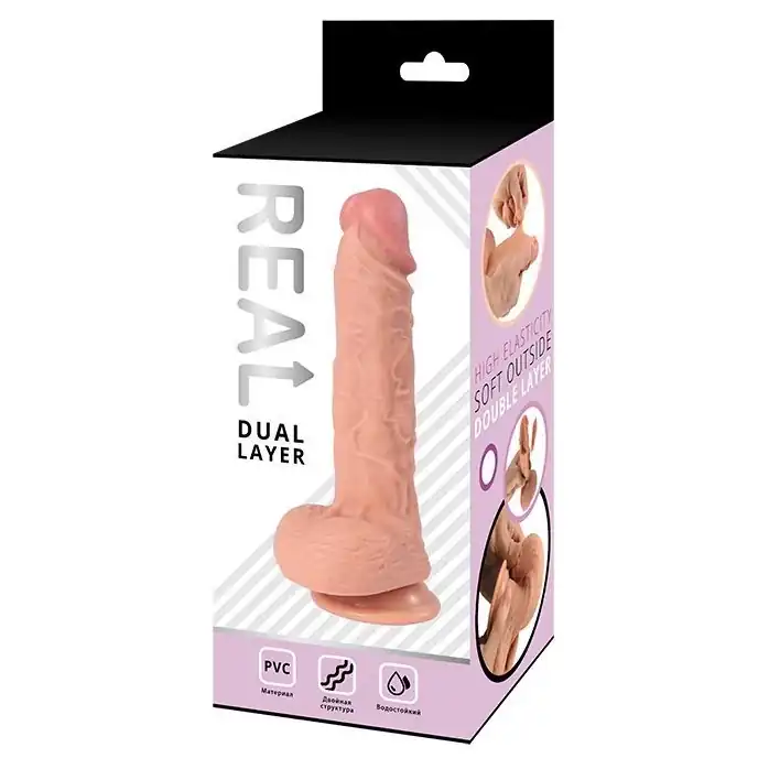 Телесный фаллоимитатор-реалистик REAL Dual Layer с мошонкой на присоске - 23 см. Фотография 2.