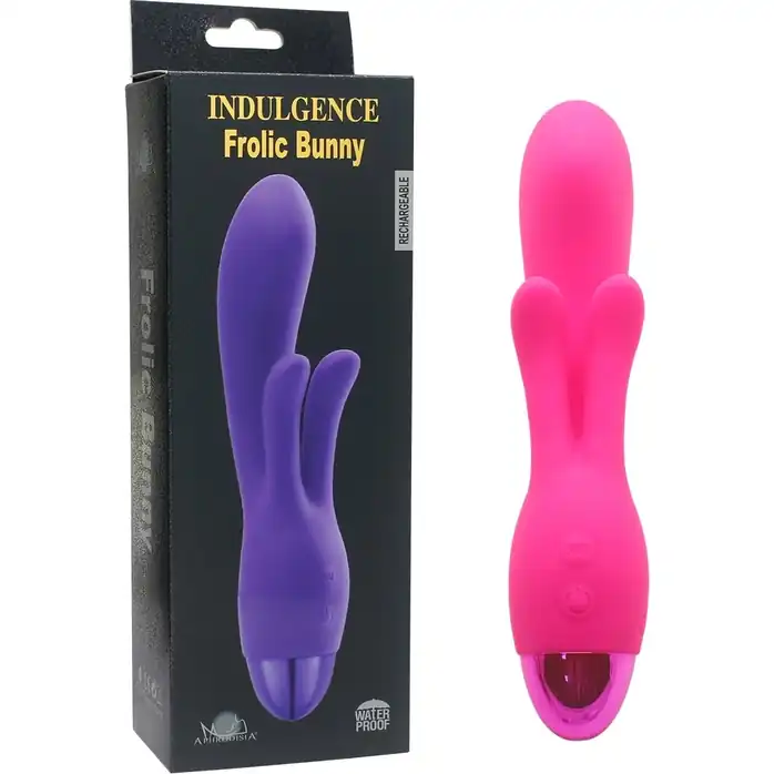 Розовый вибратор INDULGENCE Rechargeable Frolic Bunny - 18,7 см. Фотография 6.