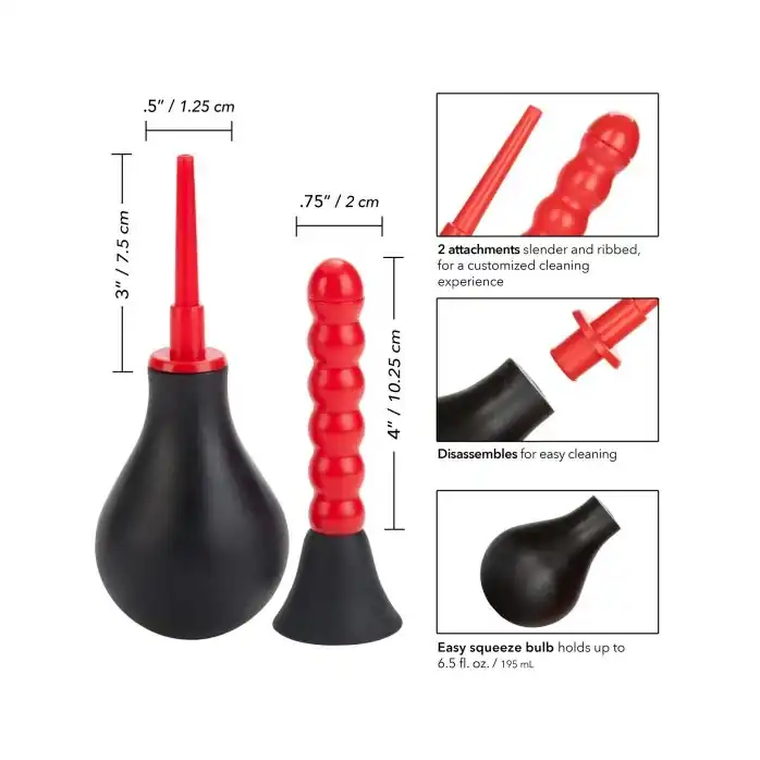 Черно-красный анальный душ с 2 сменными насадками Ribbed Anal Douche. Фотография 6.