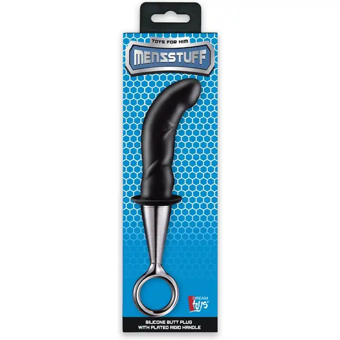 Чёрный изогнутый ребристый анальный плаг ANAL PLUG WITH PLATED HANDLE - MenzStuff. Фотография 2.
