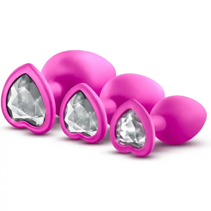 Набор розовых анальных пробок с прозрачным кристаллом-сердечком Bling Plugs Training Kit - Luxe. Фотография 3.