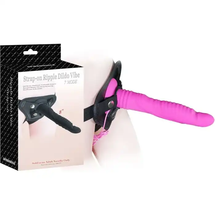 Розовый страпон 8 inch Strap-on Ripple Dildo Vibe - 21 см