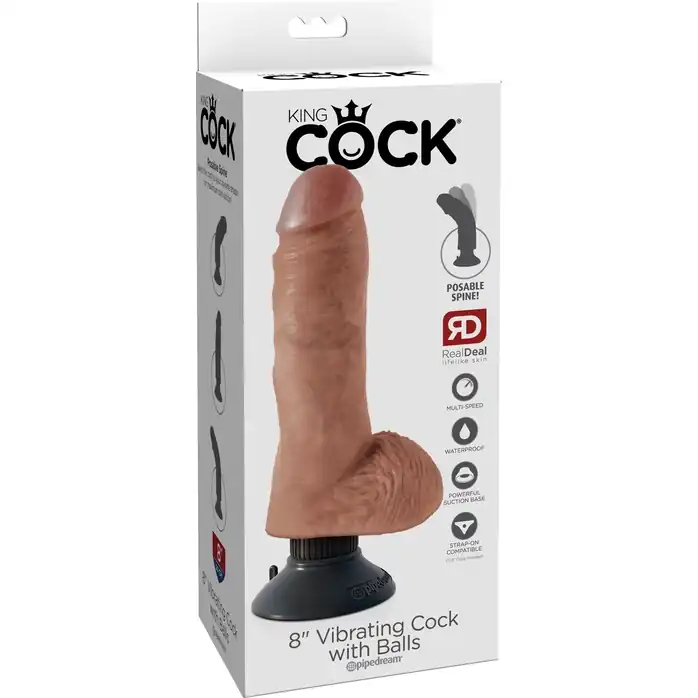Кофейный вибромассажер со съёмной присоской 8 Vibrating Cock with Balls - 20,3 см - King Cock. Фотография 7.