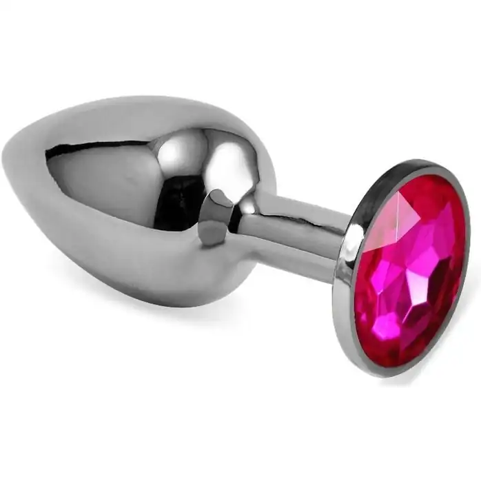 Серебристая гладкая анальная пробка с розовым кристаллом - 7,5 см