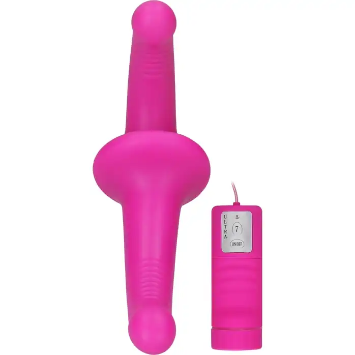 Розовый безремневой вибрострапон с пультом управления Vibrating Silicone Strapless Strapon - Ouch!. Фотография 3.