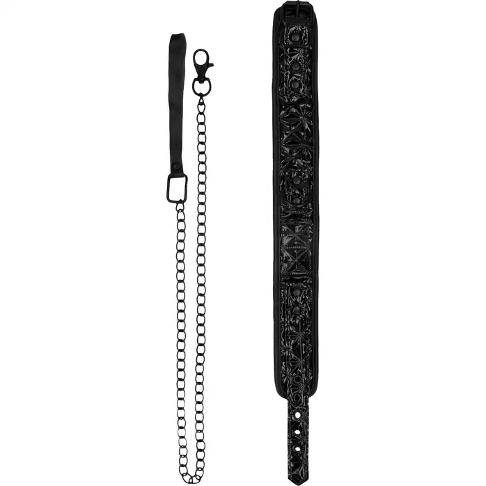 Красно-черный широкий ошейник с поводком Luxury Collar with Leash - Ouch!. Фотография 2.