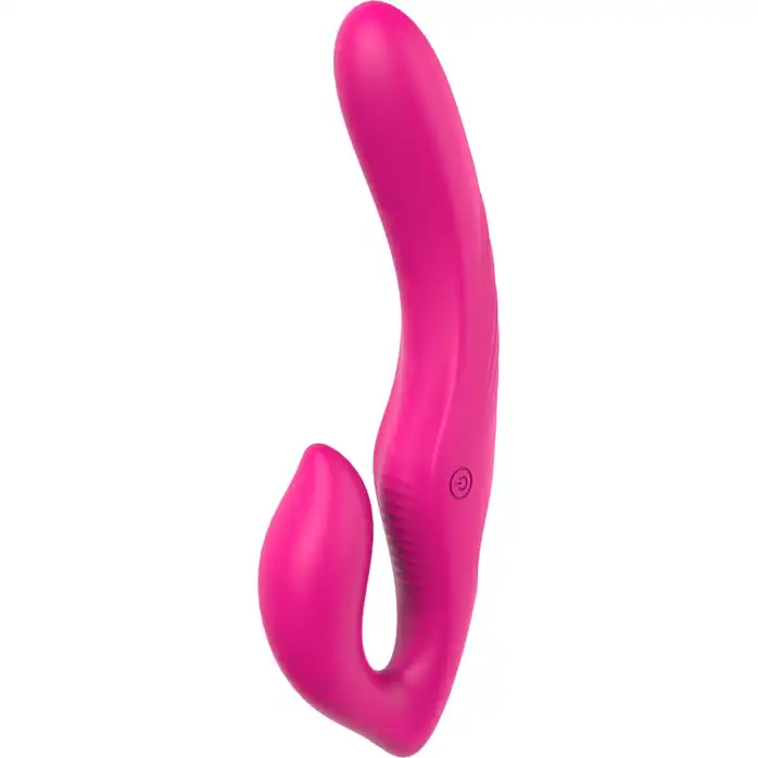 Ярко-розовый безремневой страпон Remote Double Dipper - 22 см - Essentials. Фотография 5.