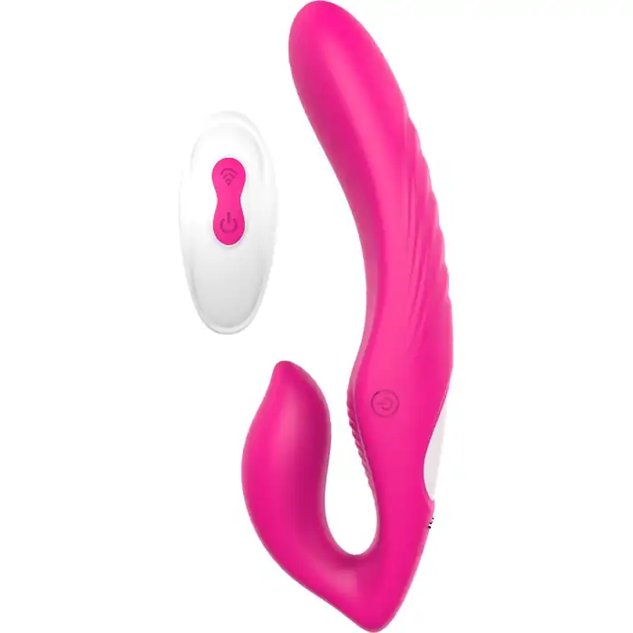 Ярко-розовый безремневой страпон Remote Double Dipper - 22 см - Essentials